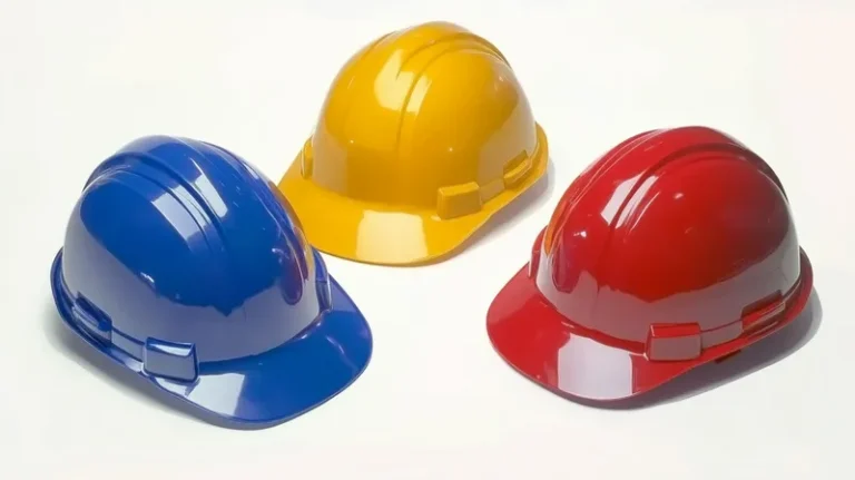 A blue, yellow, and red construction helmet placed on a white surface.