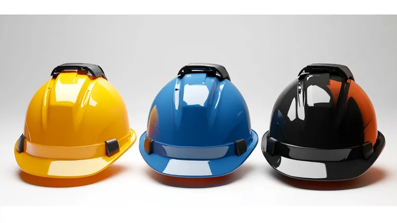 An image showing three construction helmets in yellow, blue, and black colors placed side by side against a plain background
