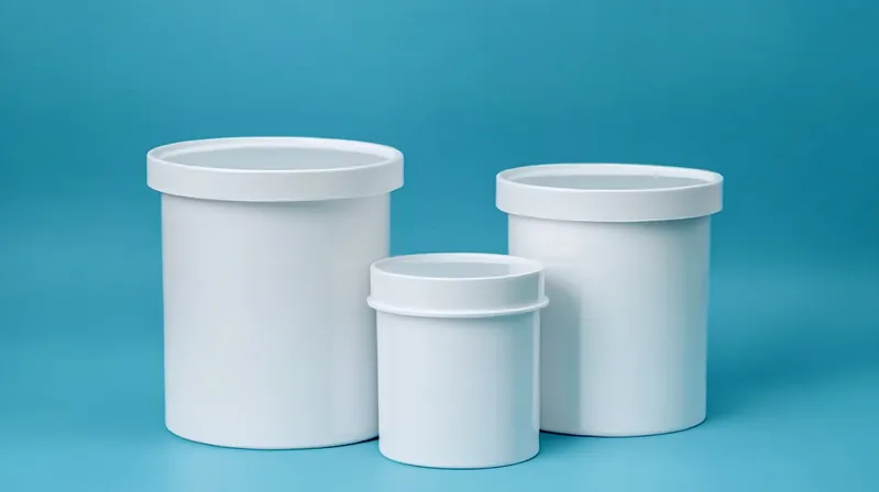 Three white plastic containers of varying sizes=