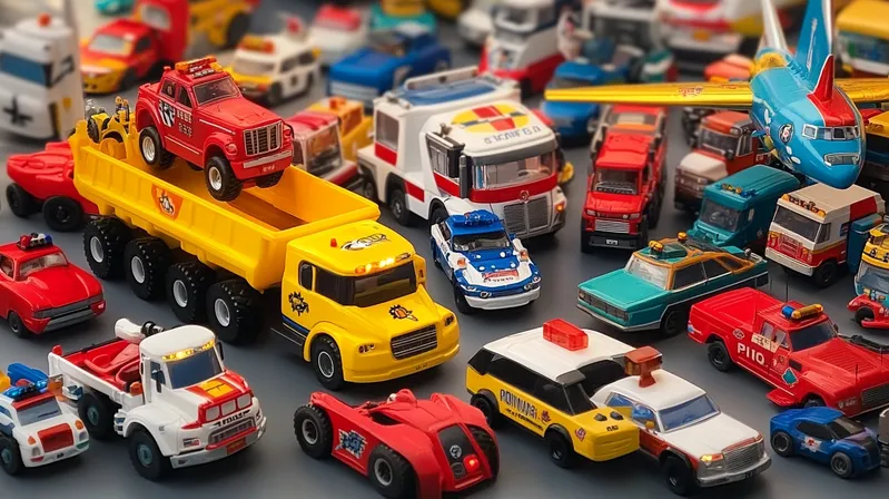 A collection of various colorful toy cars, trucks, and planes displayed together