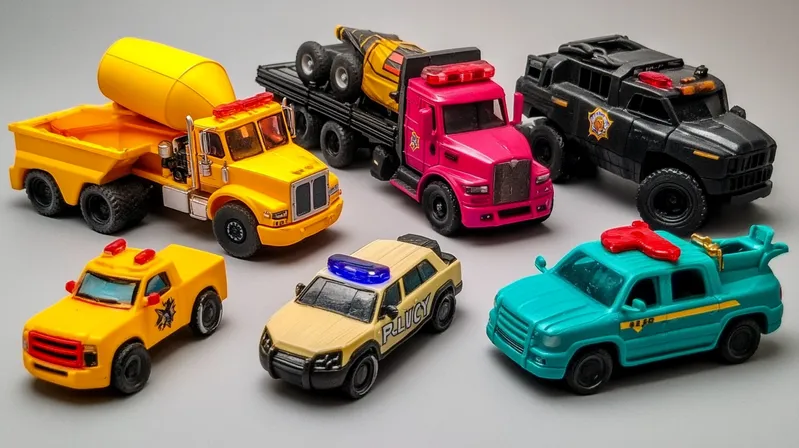 A collection of colorful toy vehicles including a cement truck, police car, pickup truck, and more
