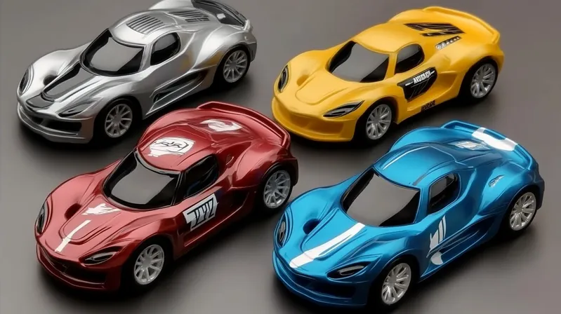 A collection of four colorful toy cars in silver, yellow, red, and blue.