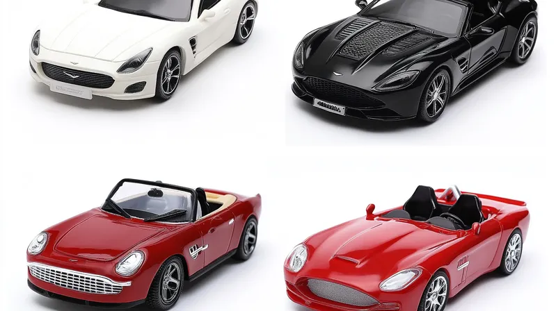 Four different toy sports cars in white, black, and red colors