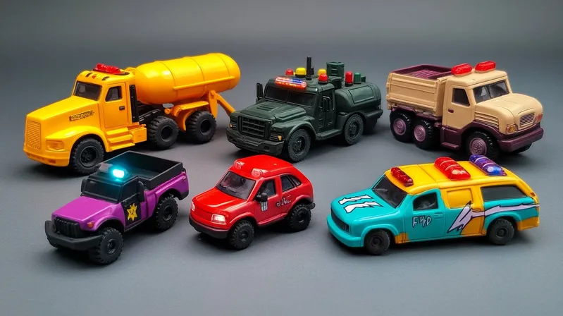 A collection of seven colorful toy vehicles, including trucks and cars, arranged on a gray surface