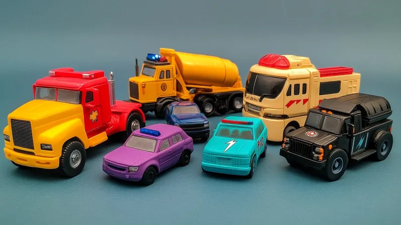 A collection of colorful toy vehicles including a truck, cement mixer, ambulance, and cars