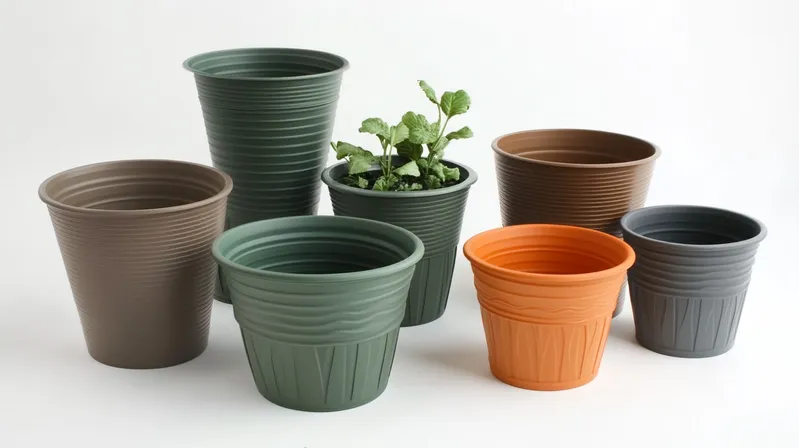 A collection of seven different colored plastic plant pots with one containing a plant