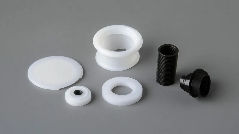 Assorted small circular parts on a gray background, including white and black pieces with various shapes
