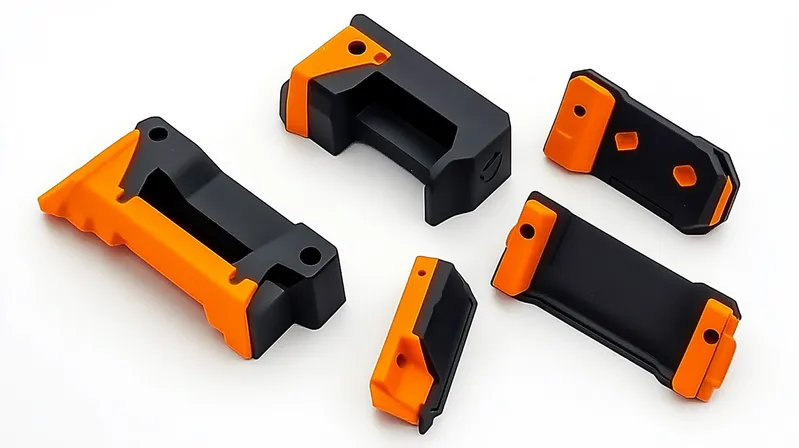 A set of black and orange 3D-printed brackets designed for dust collection in a workshop