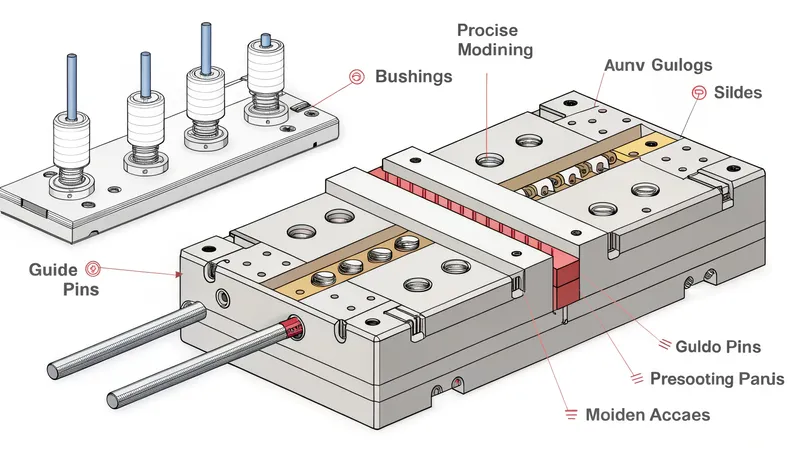 Diagram showing parts of a mold base with labels for precise machining, bushings, guide pins, slides, guldog pins, preshooting pans, and mold access