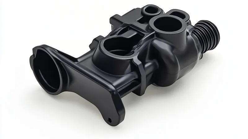 A black 3D printed engine component with multiple circular openings and detailed structure