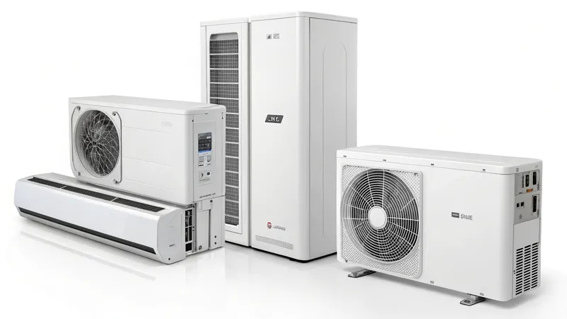 A group of various air conditioning units, including indoor and outdoor components