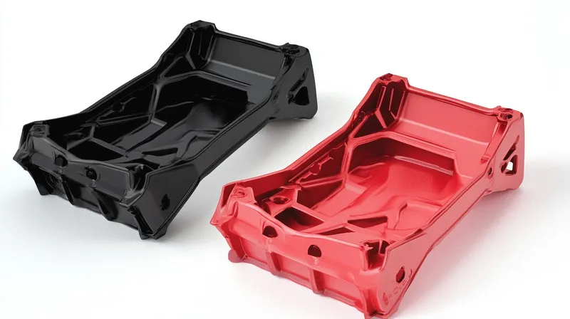 Two aluminum subframe trays, one black and one red, placed side by side