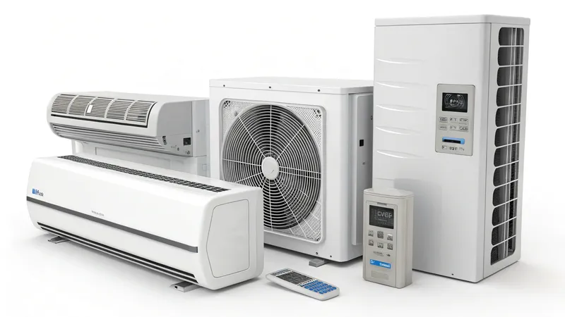 A collection of different types of white air conditioning units including wall-mounted and portable units with remotes