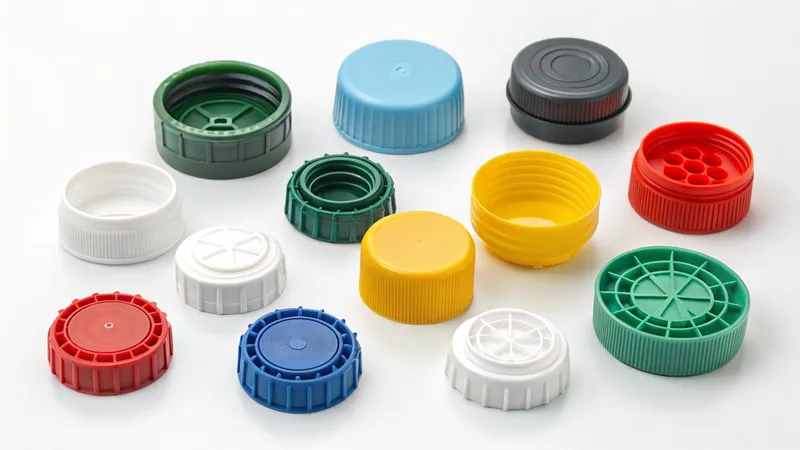 A collection of plastic bottle caps in various colors and designs on a white background