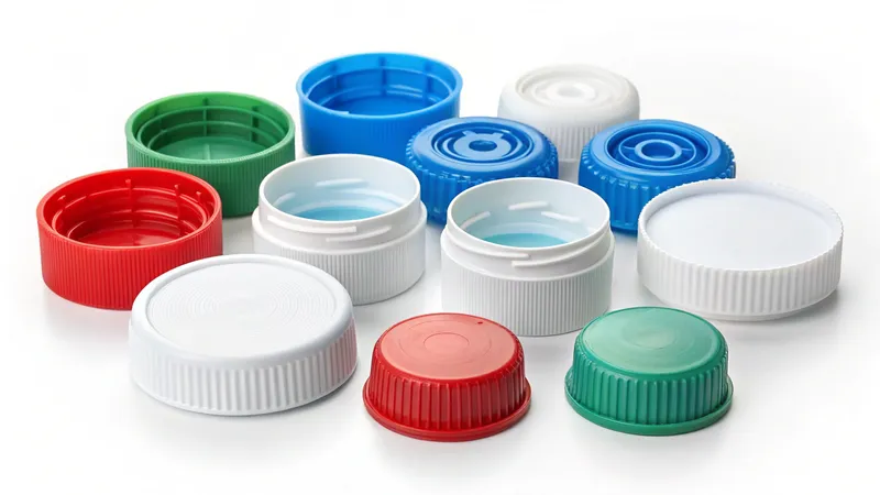 A collection of various colored plastic bottle caps arranged on a surface. The caps are in different colors including red, green, blue, and white, showcasing a variety of sizes=