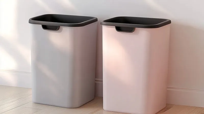 A grey and a pink rectangular plastic bin with black rims, placed against a wall