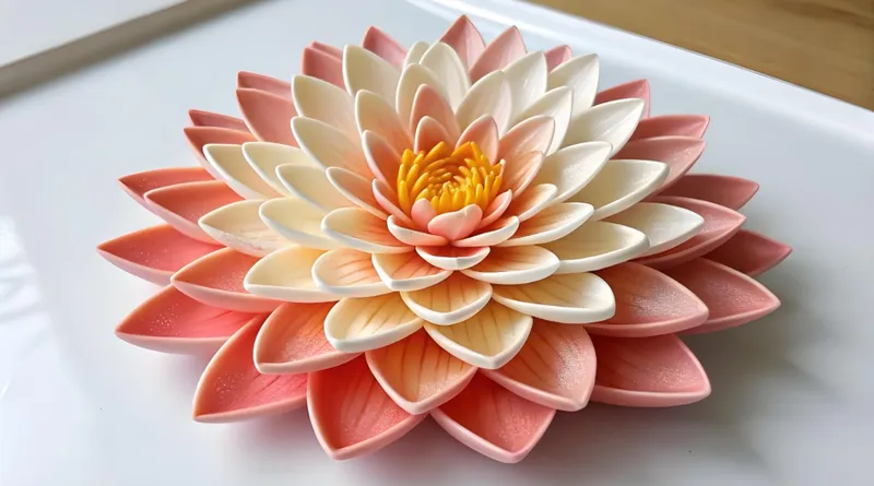 A realistic flower-shaped confection made of delicate, layered petals in shades of pink, white, and yellow