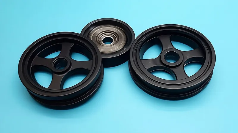 Three black car pulley wheels on a blue background