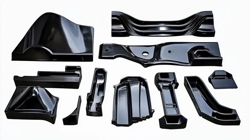 An assortment of black plastic car parts arranged on a white background.