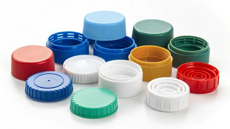 A variety of colorful plastic bottle caps arranged on a white surface