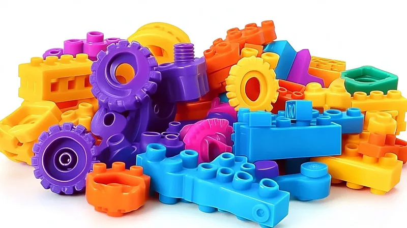 A pile of colorful interlocking building blocks in various shapes and colors