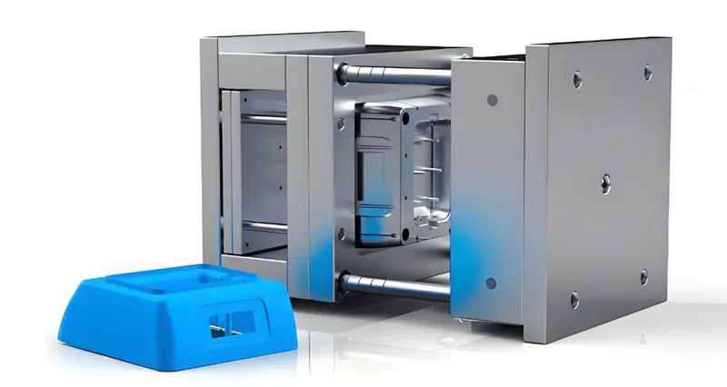Computer-aided design rendering of an injection mold with a blue plastic part