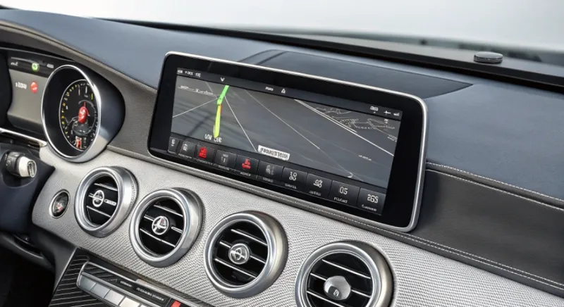 Close-up view of a car's dashboard featuring a GPS navigation screen and multiple air vents