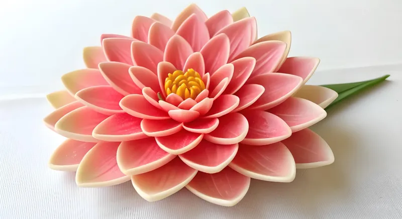 Intricately carved soap in the shape of a pink and yellow flower with layered petals