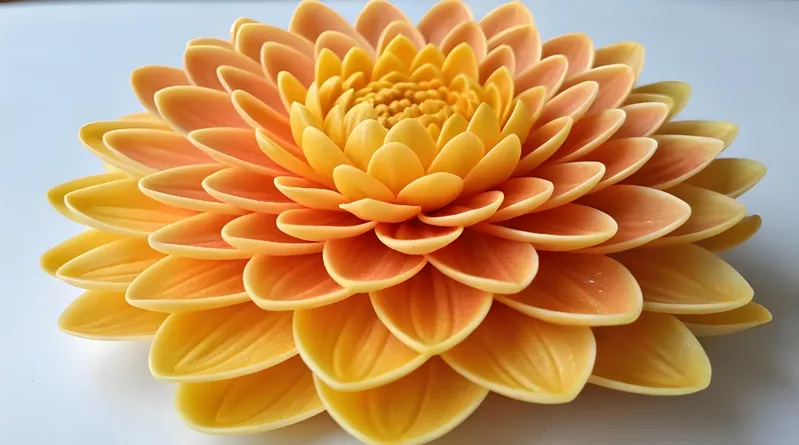 Intricately carved flower with layers of orange and yellow petals displayed on a plain backdrop