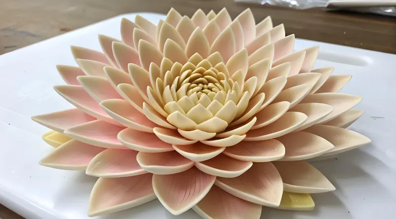 A beautifully carved lotus made from a material resembling butter or vegetable, showcasing intricate petal details and subtle pink gradients, placed on a white surface