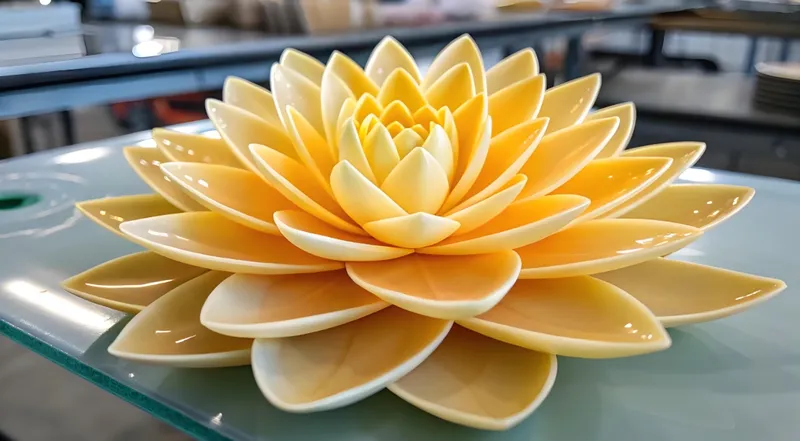A detailed ceramic sculpture resembling a yellow-orange flower with layered petals displayed on a glass surface