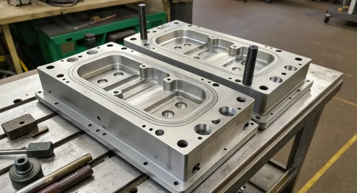 Two metallic CNC mold blanks on a workbench in a workshop