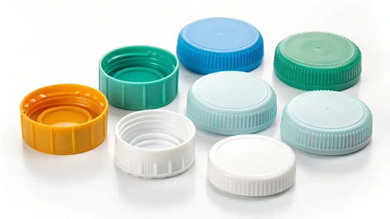 A collection of plastic bottle caps in various colors including yellow, green, blue, and white, placed on a white surface