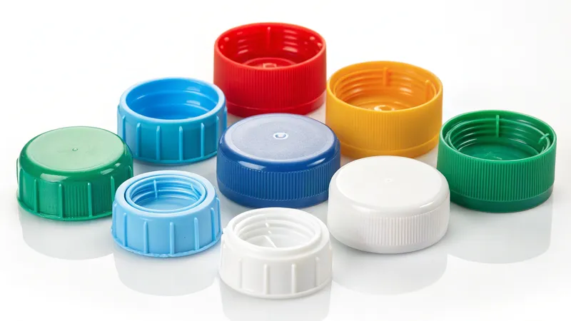 A variety of colorful plastic bottle caps displayed on a white background