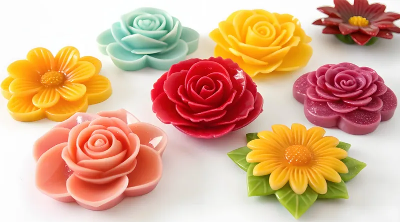 An arrangement of colorful, flower-shaped candles in various designs on a white background