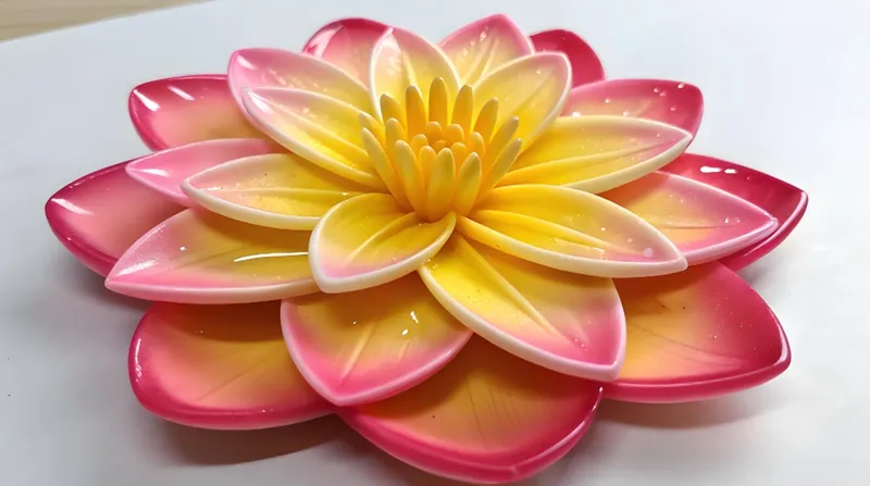 A detailed sculpture of a flower with layers of pink and yellow petals