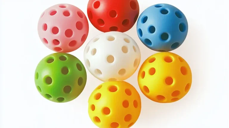 Siete bolas coloridas con agujeros dispuestos en un círculo.