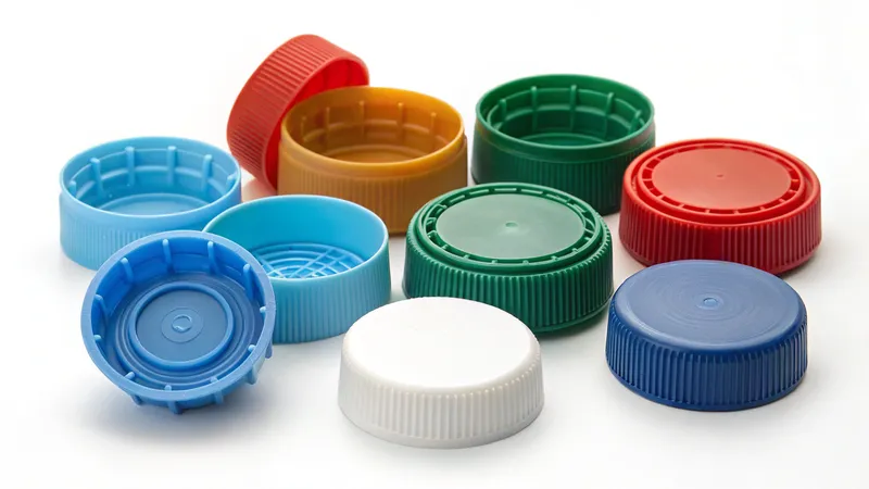 A collection of colorful plastic bottle caps in various colors including red, blue, green, yellow, and white
