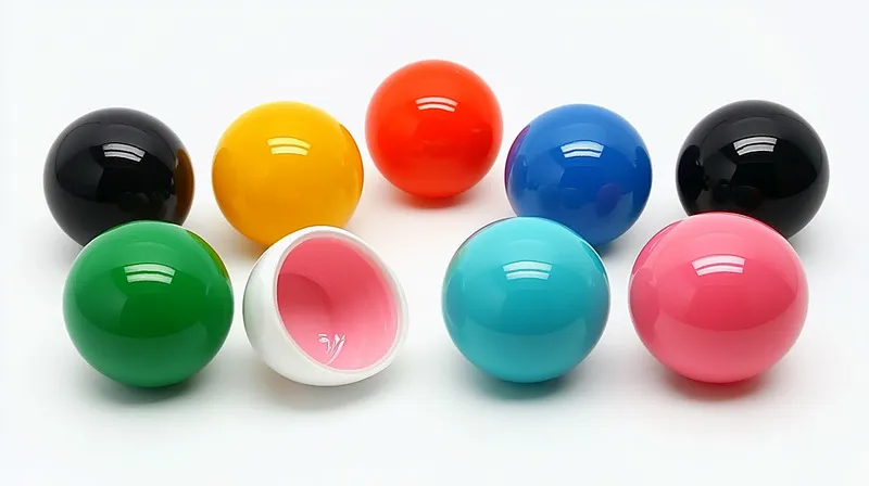 A group of nine colorful glossy spheres arranged in a semi-circle. The colors are black, yellow, orange, blue, green, pink, turquoise, and a white one with a pink interior open like a cup