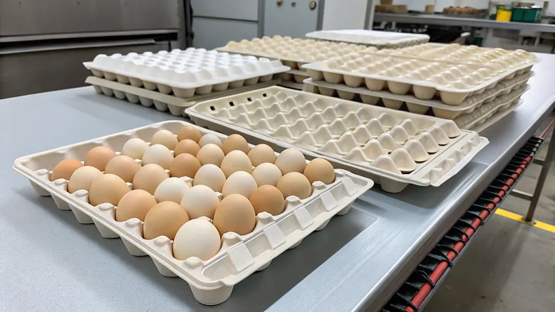 Múltiples pilas de cartones de huevo en una mesa con huevos marrones y blancos.