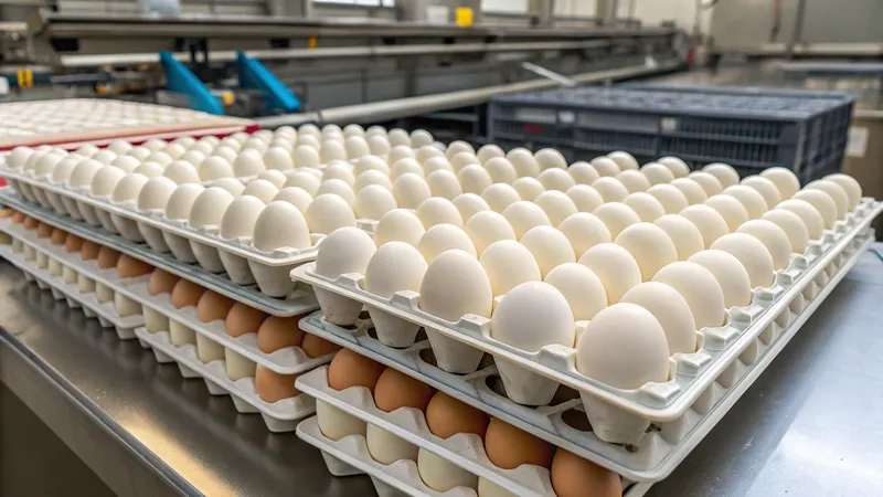 Trays of white and brown eggs stacked in a factory setting