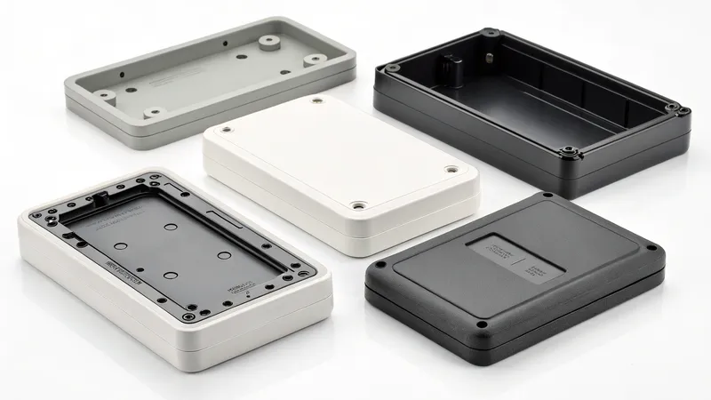 Several electronic enclosure cases in different colors and configurations displayed on a white background