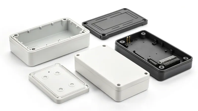 Various rectangular electronic component enclosure boxes in black and white