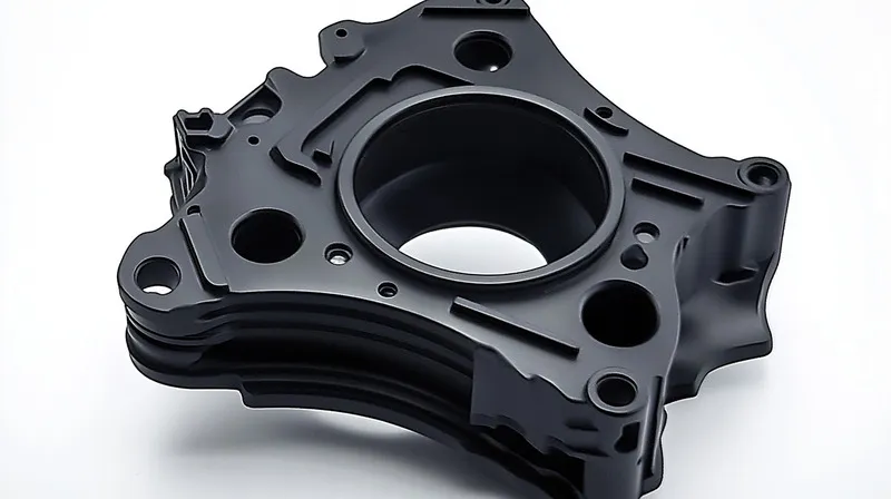 A black metal engine part with circular and geometric cutouts, photographed on a light background