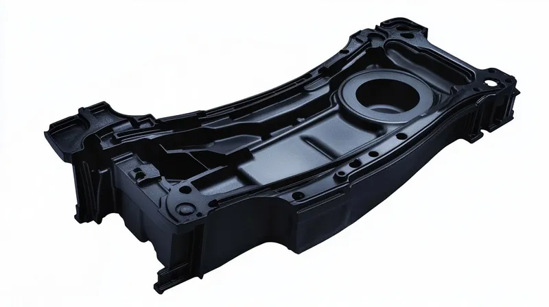 A black automobile engine sump component with intricate detailing and openings