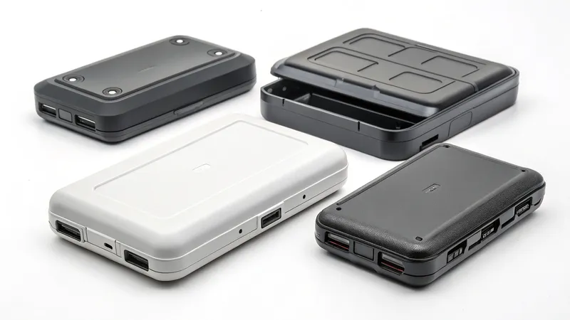 Four rectangular power banks in black and white colors on a white surface