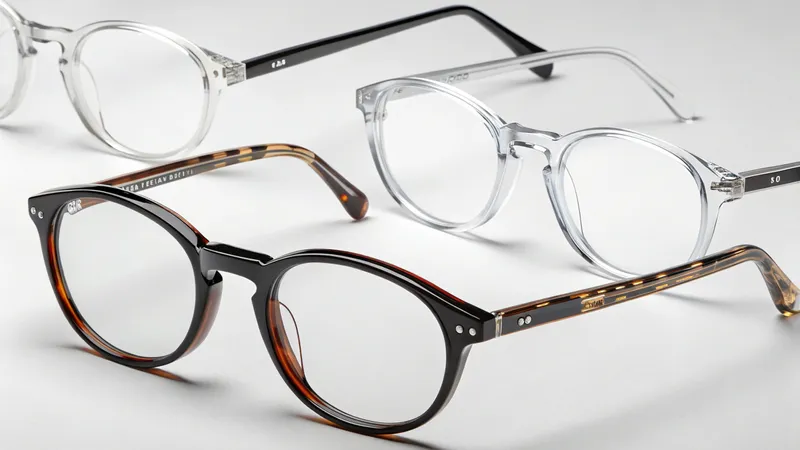 A collection of four pairs of eyeglasses in different styles and colors, displayed on a neutral background.