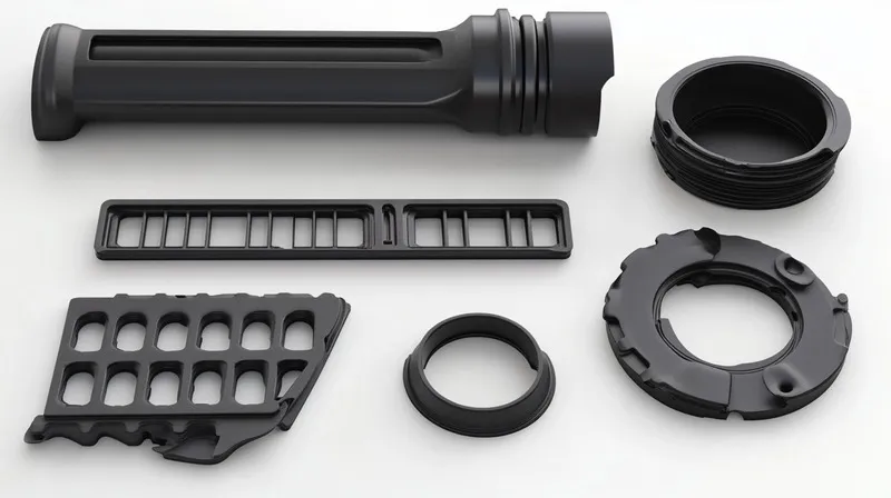 Several black flashlight components arranged on a white background, including a tubular body, a lens ring, and various other parts