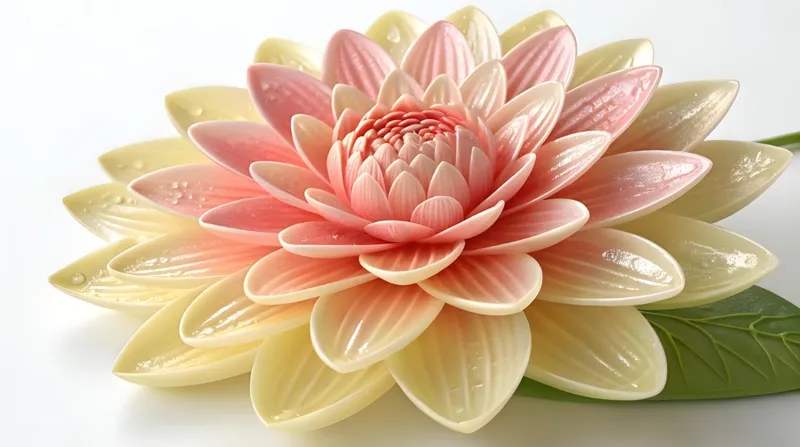 A detailed carving of a flower with pink and cream petals, resembling a lotus or dahlia, on a white background