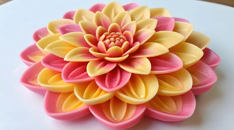 A decorative soap shaped like a layered flower with pink and yellow petals